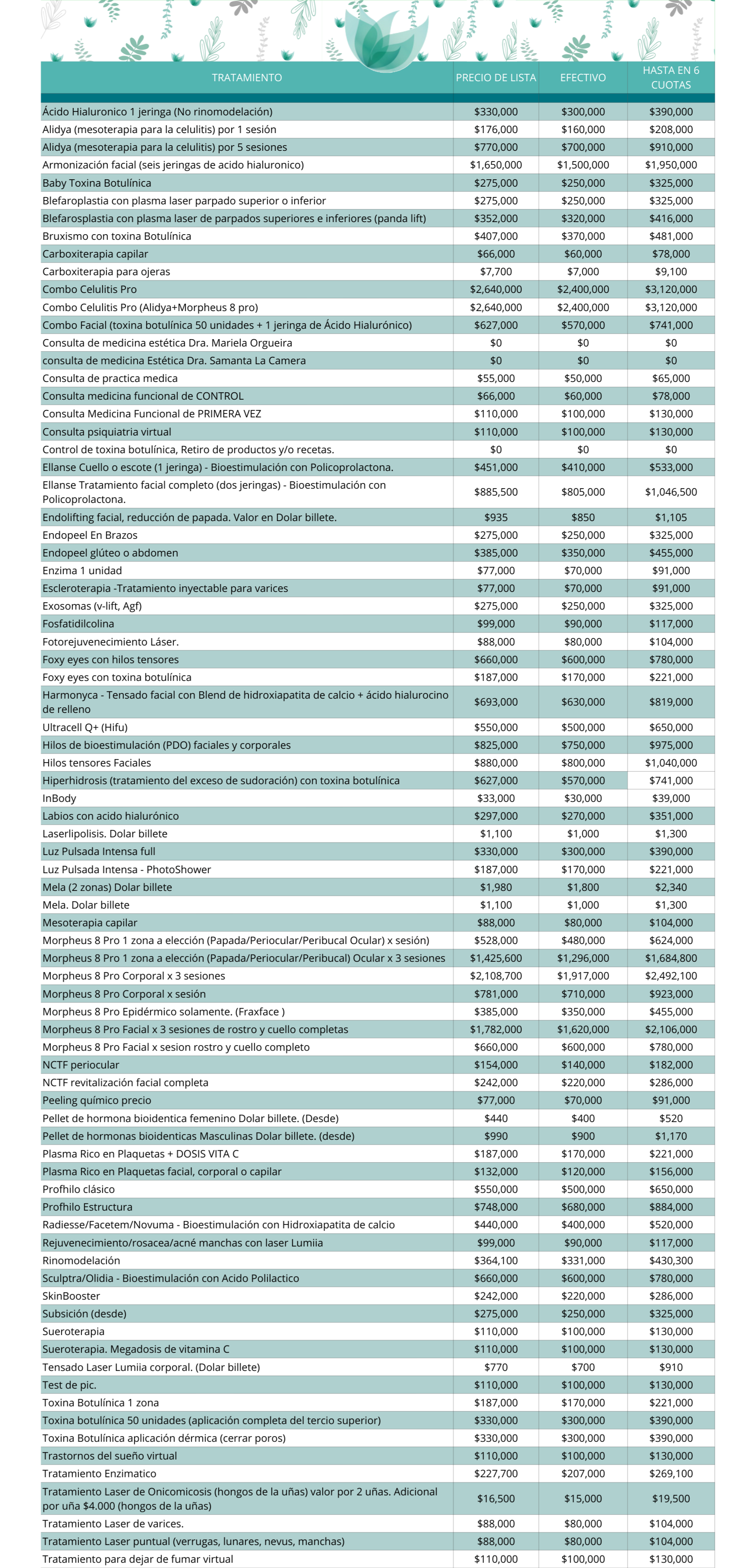 Lista de precios Alma Estética Buenos Aires