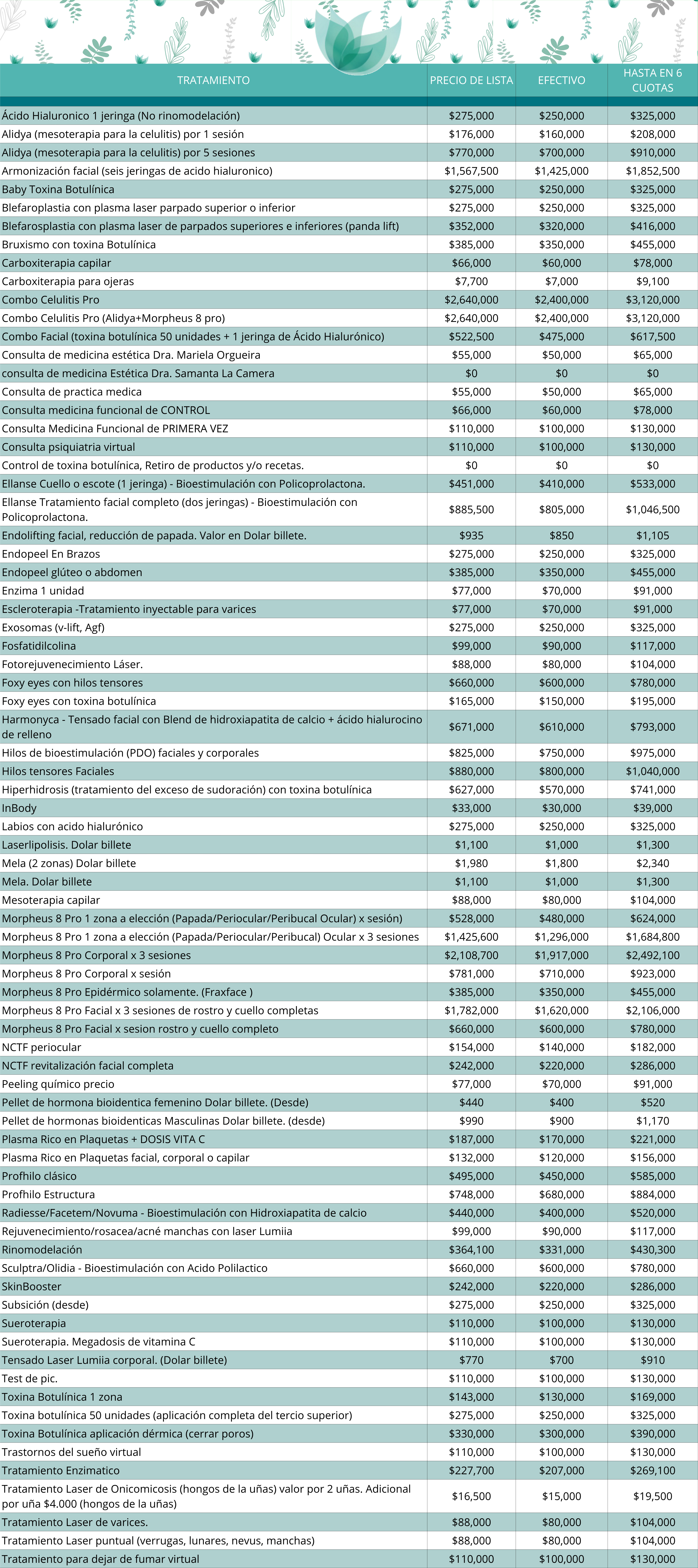 Lista de precios Alma Estética Buenos Aires